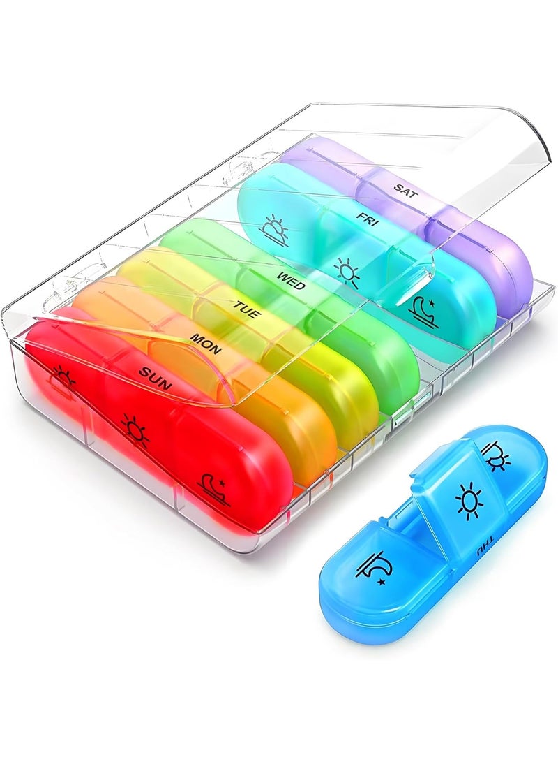 Weekly medicine organizer, 3 times/7 days, portable travel medicine organizer, with divider lid, suitable for vitamins, fish oil, capsules, etc. (colorful) - Image 1